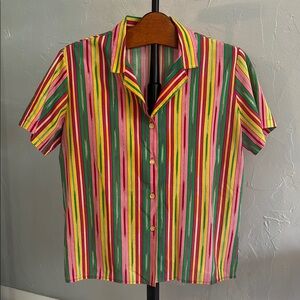 Vintage Striped Pink Yellow Green Button Down Shirt Size 12